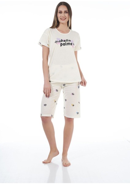 22065 Kadın Palmiye Desenli Viskon Kısa Kollu Kaprili Pijama Takımı