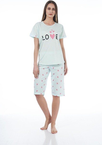 22064 Kadın Kalpli Viskon Kısa Kollu Kaprili Pijama Takımı