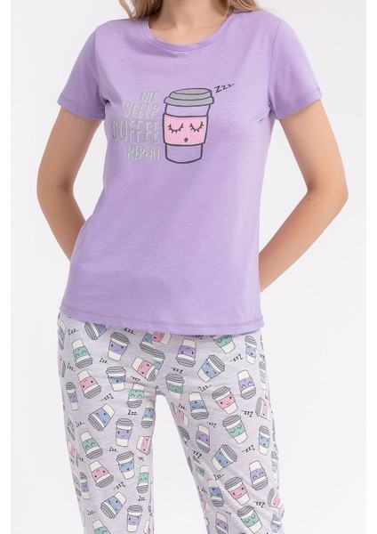 1839 Eat Sleep Coffee Repeat Lila Kadın Pijama Takımı