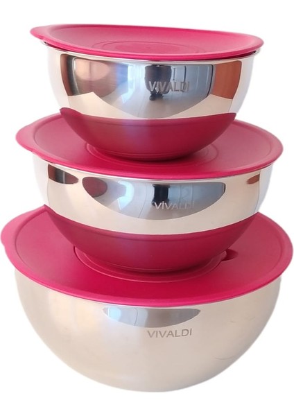 Vıvaldı Çelik Saklama Kabı Ve Karıştırıcı 3 Lu Set 16-20-24 Cm Kırmızı