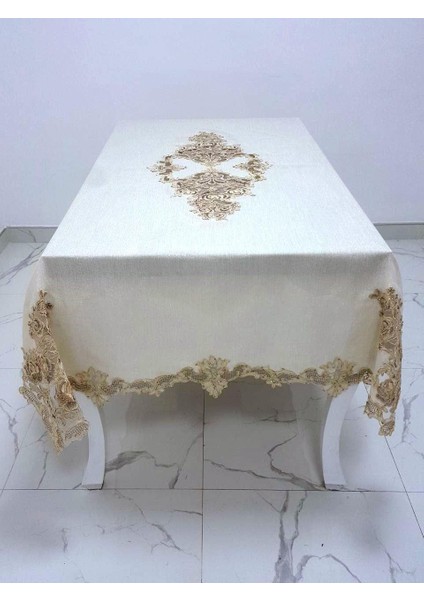 Henna Lüx Dantelli Simli Keten Kumaş Bej Masa Örtüsü Dikdörtgen 160x230 cm - 1144