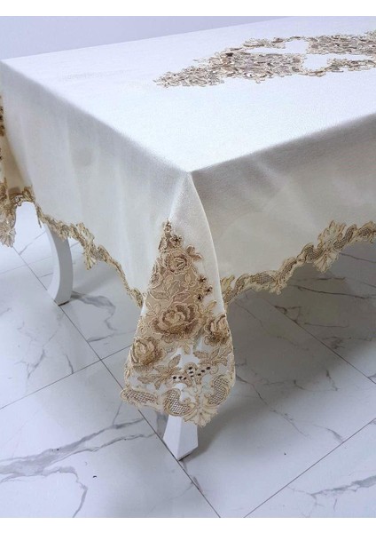 Henna Lüx Dantelli Simli Keten Kumaş Bej Masa Örtüsü Dikdörtgen 160x230 cm - 1144 fiyatları