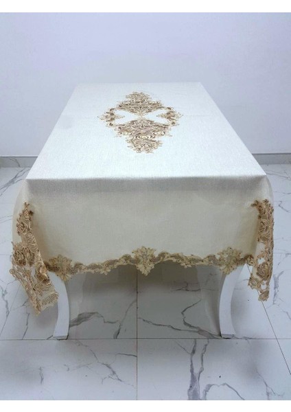 Henna Lüx Dantelli Simli Keten Kumaş Bej Masa Örtüsü Dikdörtgen 160x230 cm - 1144 modelleri