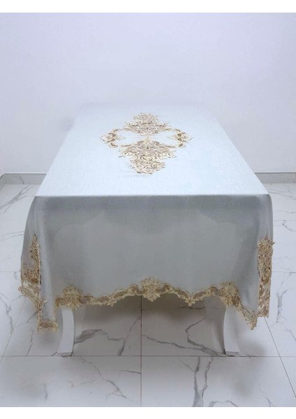 Henna Lüx Dantelli Simli Keten Kumaş Gri Masa Örtüsü Dikdörtgen 160x230 cm - 1145