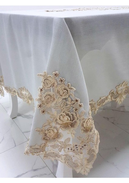 Henna Lüx Dantelli Simli Keten Kumaş Gri Masa Örtüsü Dikdörtgen 160x230 cm - 1145 modelleri