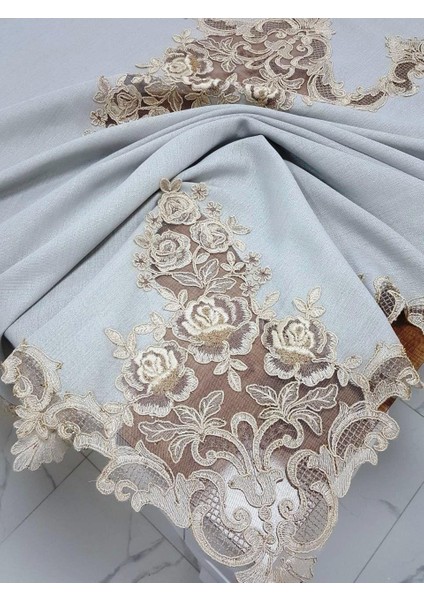 Henna Lüx Dantelli Simli Keten Kumaş Gri Masa Örtüsü Dikdörtgen 160x230 cm - 1145 fırsatları