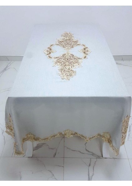 Henna Lüx Dantelli Simli Keten Kumaş Gri Masa Örtüsü Dikdörtgen 160x230 cm - 1145 indirimleri
