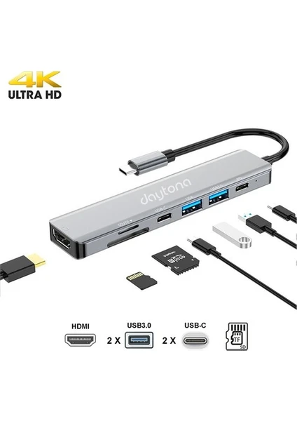 CF08 Macbook Uyumlu Type-C To 4K 1080P Ultra Hd HDMI Type-C Pd Şarj 2* USB 3.0 Sd Tf Kart Okuyucu Kablolu 7ın1 Çevirici Hub Adaptör