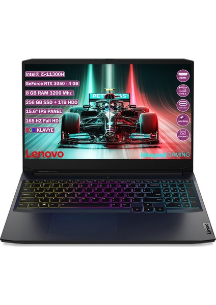 IdeaPad Gaming 3 15IHU6 Intel Core i5 11300H 8GB 256GB SSD 1TB HDD RTX 3050 Freedos 15.6" FHD Taşınabilir Bilgisayar 82K100CWTX