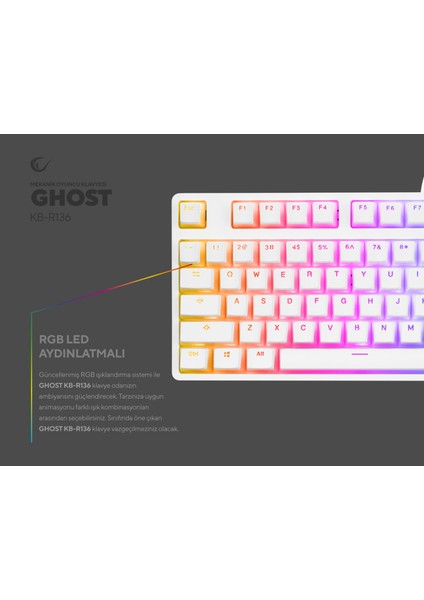 KB-R136 Ghost Beyaz Type-C Bağlantılı Rgb Puding Tuşlu Haylou Brown Switch 1000 Hz Us Gaming Oyuncu Klavye