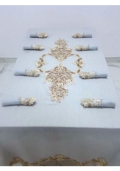 Henna Lüx Dantelli Simli Keten Kumaş Gri Masa Örtüsü ve Peçeteli Sofra Takımı 8 kişilik Dikdörtgen 160x230 cm 17 Parça - 1148