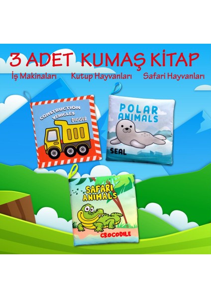 3 Kitap Tox Ingilizce Iş Makinaları , Kutup ve Safari Hayvanları Kumaş Sessiz Kitap E125 E118 E130 - Bez Kitap , Eğitici Oyuncak , Yumuşak ve Hışırtılı