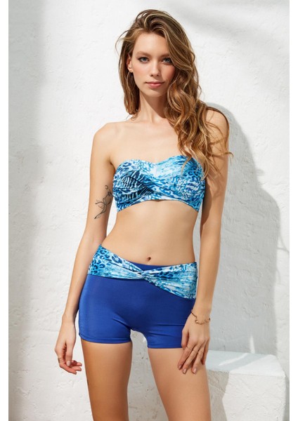 Kaia Straplez Şortlu Bikini Takım Palm Desenli 221239