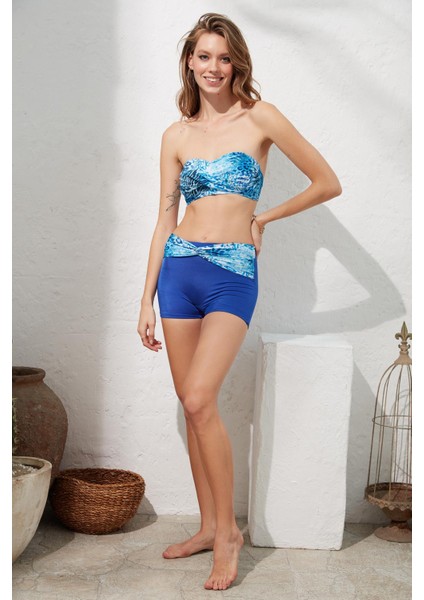 Kaia Straplez Şortlu Bikini Takım Palm Desenli 221239