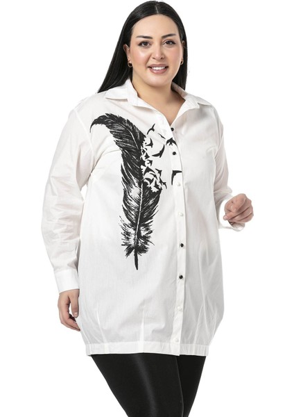 Büyük Beden Yaprak Baskılı Yarım Balon Kalıp Eteği Dikişli Ekru Gömlek fiyatları