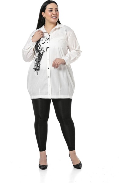 Büyük Beden Yaprak Baskılı Yarım Balon Kalıp Eteği Dikişli Ekru Gömlek fırsatları