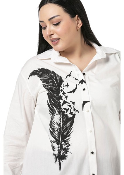 Büyük Beden Yaprak Baskılı Yarım Balon Kalıp Eteği Dikişli Ekru Gömlek indirimleri