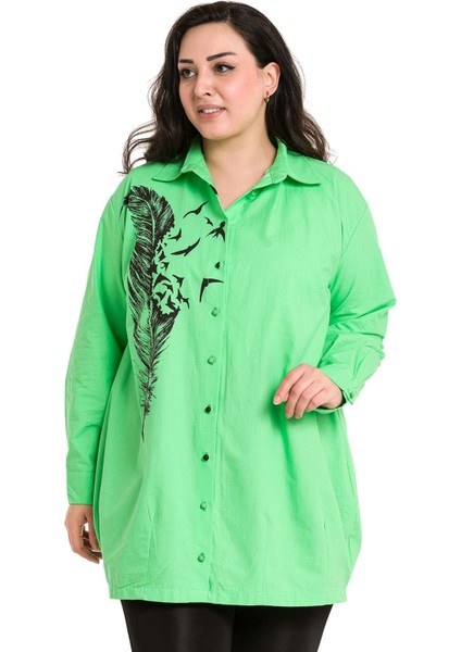 Büyük Beden Yaprak Baskılı Yarım Balon Kalıp Eteği Dikişli Yeşil Gömlek fiyatları
