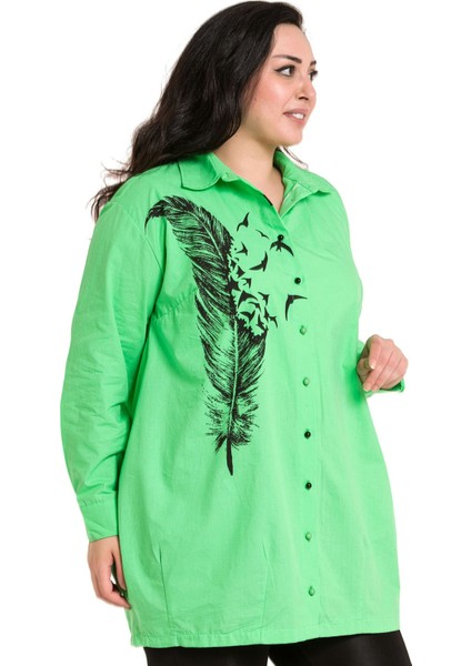 Büyük Beden Yaprak Baskılı Yarım Balon Kalıp Eteği Dikişli Yeşil Gömlek fırsatları
