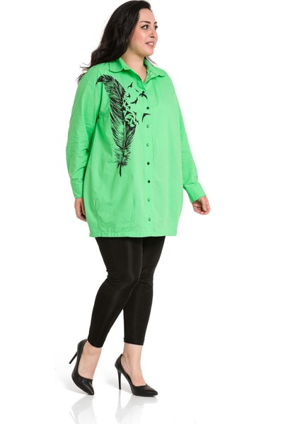 Büyük Beden Yaprak Baskılı Yarım Balon Kalıp Eteği Dikişli Yeşil Gömlek indirimleri