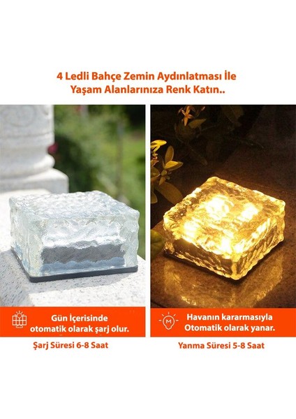 4ADET Solar Güneş Enerjili 4ledli Buz Cam Zemin Dekoratif Bahçe Aydınlatma Kristal Havuz modelleri