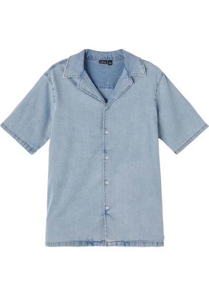 V Yaka Düz Açık Mavi Erkek ÇocukDenim Gömlek - 13205848