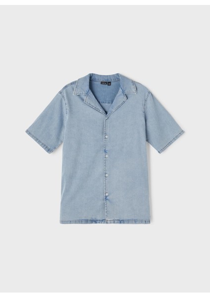 V Yaka Düz Açık Mavi Erkek ÇocukDenim Gömlek - 13205848