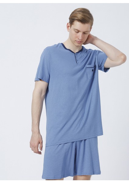 30811 V Yaka Normal Bel Baskılı Mavi Erkek Pijama Takımı