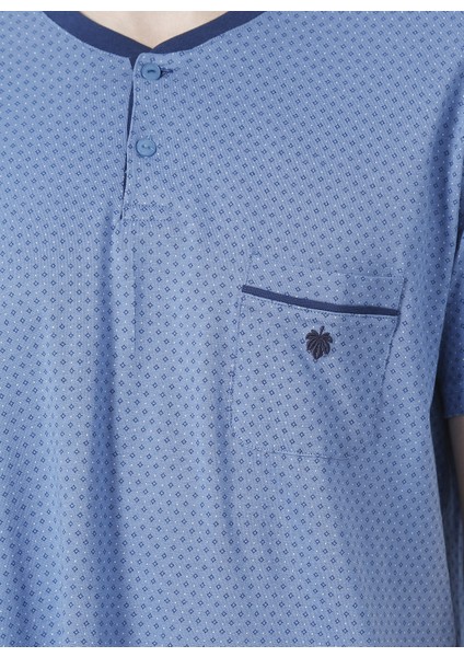 30811 V Yaka Normal Bel Baskılı Mavi Erkek Pijama Takımı