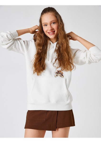 Kedi İşlemeli Sweatshirt Kapüşonlu Uzun Kollu