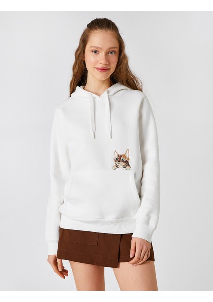 Kedi İşlemeli Sweatshirt Kapüşonlu Uzun Kollu