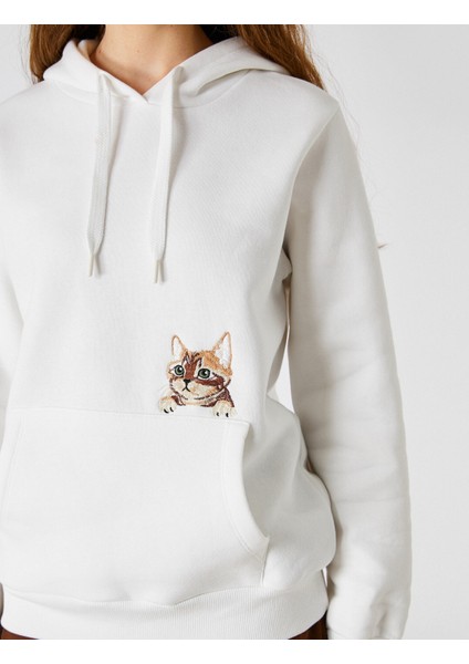 Kedi İşlemeli Sweatshirt Kapüşonlu Uzun Kollu