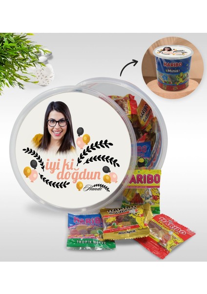Kişiye Özel Isimli Fotoğraflı Doğum Günü Tasarımlı Dev Boy Haribo Minis Kovası (10GX100ADET) Model 26