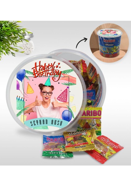 Kişiye Özel Isimli Fotoğraflı Doğum Günü Tasarımlı Dev Boy Haribo Minis Kovası (10GX100ADET) Model 23
