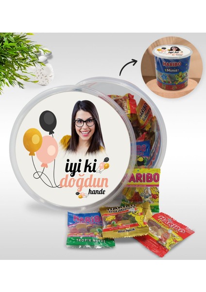 Kişiye Özel Isimli Fotoğraflı Doğum Günü Tasarımlı Dev Boy Haribo Minis Kovası (10GX100ADET) Model 27