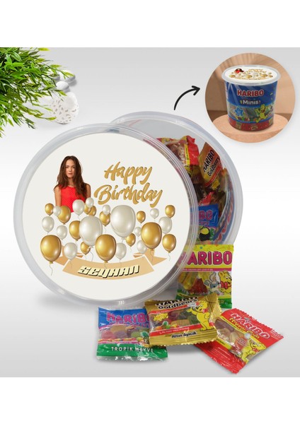 Kişiye Özel Isimli Fotoğraflı Doğum Günü Tasarımlı Dev Boy Haribo Minis Kovası (10GX100ADET) Model 24