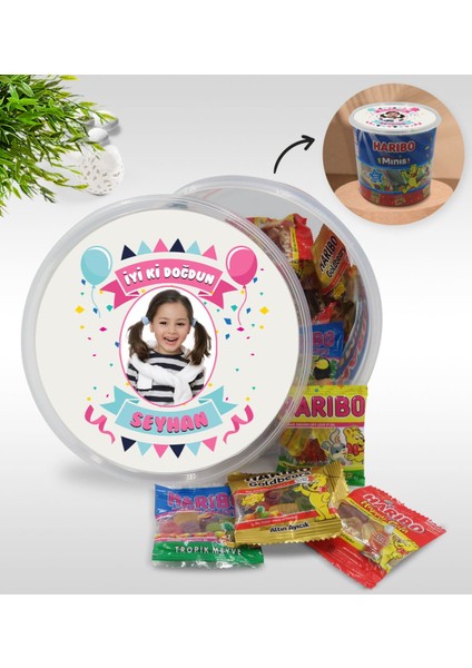 Kişiye Özel Isimli Fotoğraflı Doğum Günü Tasarımlı Dev Boy Haribo Minis Kovası (10GX100ADET) Model 19