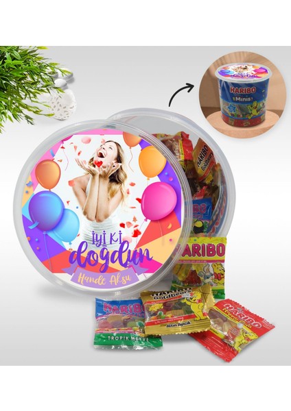 Kişiye Özel Isimli Fotoğraflı Doğum Günü Tasarımlı Dev Boy Haribo Minis Kovası (10GX100ADET) Model 4