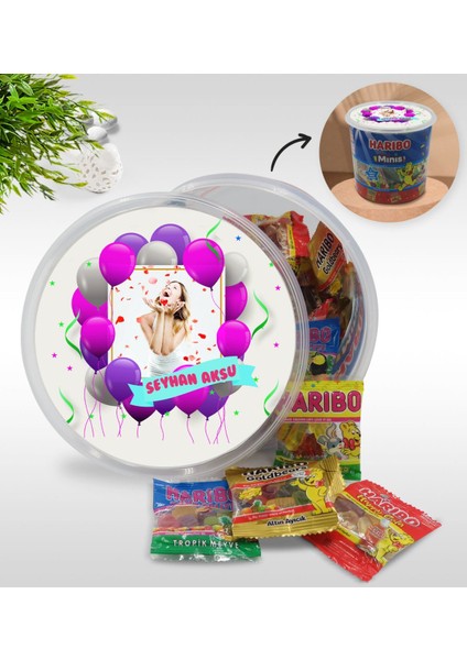 Kişiye Özel Isimli Fotoğraflı Doğum Günü Tasarımlı Dev Boy Haribo Minis Kovası (10GX100ADET) Model 1