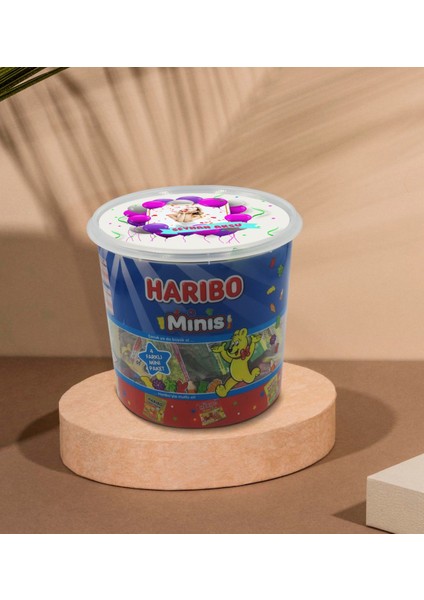 Kişiye Özel Isimli Fotoğraflı Doğum Günü Tasarımlı Dev Boy Haribo Minis Kovası (10GX100ADET) Model 1