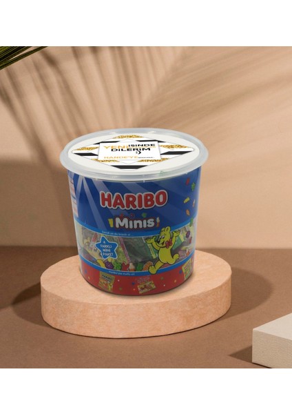 Kişiye Özel İsimli Yeni İşinde Başarılar Tasarımlı Dev Boy Haribo Minis Kovası Model 7 100 x 10 gr