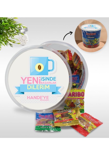 Kişiye Özel İsimli Yeni İşinde Başarılar Tasarımlı Dev Boy Haribo Minis Kovası Model 4 100 x 10 gr