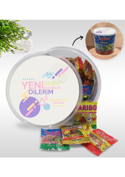 Kişiye Özel İsimli Yeni İşinde Başarılar Tasarımlı Dev Boy Haribo Minis Kovası Model 2 100 x 10 gr