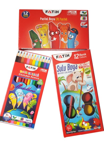 3'lü Yeni Ürün Set - Fatih 12'li Tam Boy Kuru Boya & Fatih 12'li Sulu Boya & Fatih 12'li Pastel Boya