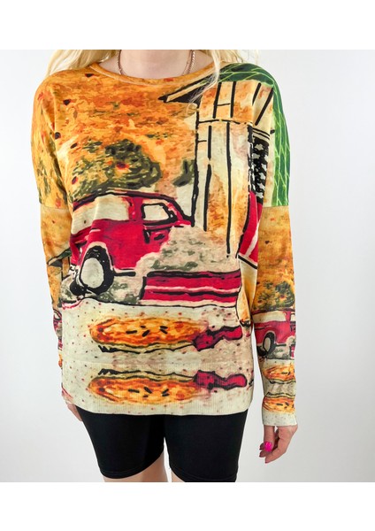 Baskılı Renkli Triko Bluz