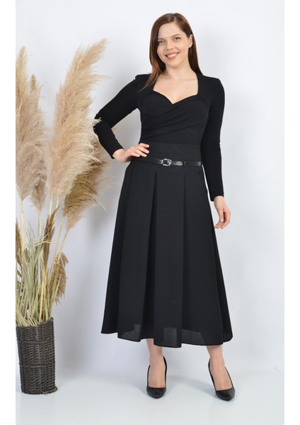 line Bayan Baharlık Astarlı Etek 755 Etamin Desen Siyah