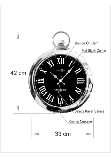 Parlak Gümüş Kromajlı Çerçeve Beyaz Romen Rakkamlı Siyah Zemin Bombe Cam Köstekli 42 cm Duvar Saati