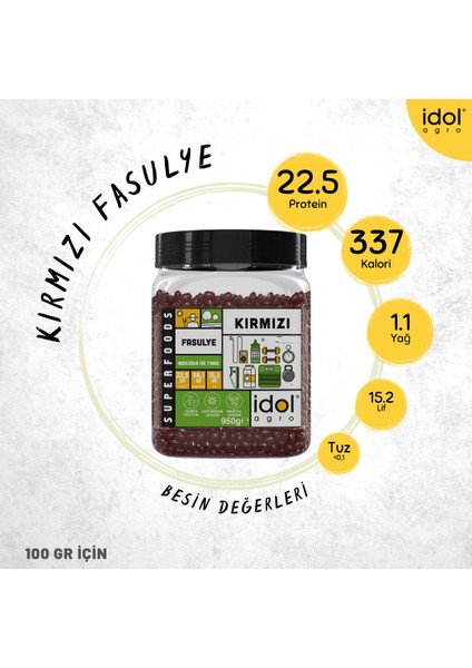 Idolagro Kırmızı Fasulye Superfoods Yüksek Protein + Antioksidan + Mineral, Iri Parlak Tane 950 gr