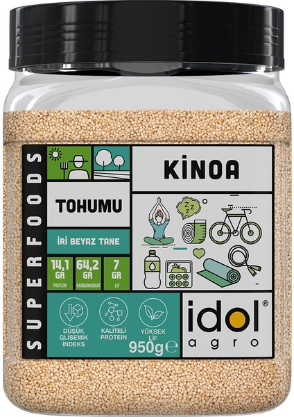 Idolagro Kinoa Tohumu Superfoods Beyaz Tam Tane, Glutensiz, Düşük Gı, Yüksek Protein+Lif 950 gr