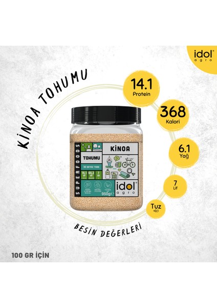 Idolagro Kinoa Tohumu Superfoods Beyaz Tam Tane, Glutensiz, Düşük Gı, Yüksek Protein+Lif 950 gr